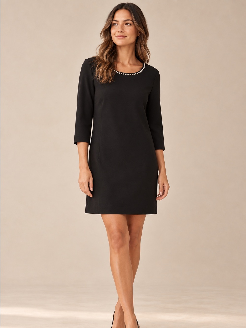 Massimo Dutti Black Mini Dress with Pearl-Trim Neckline